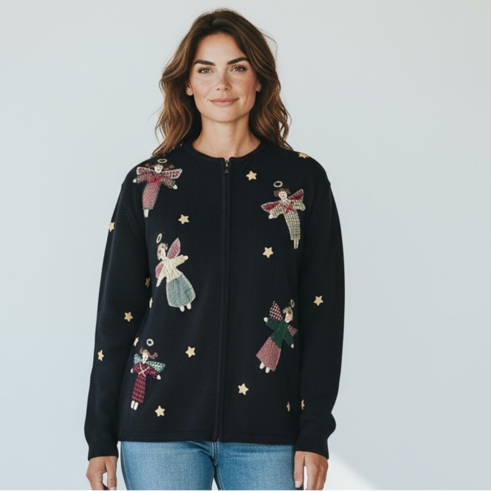 TALBOTS ladies vintage zip up black Christmas sweater size medium excellent cond